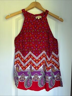 Lucy & Laurel Red Printed Halter-Style Tank with Pink and Purple Accents
